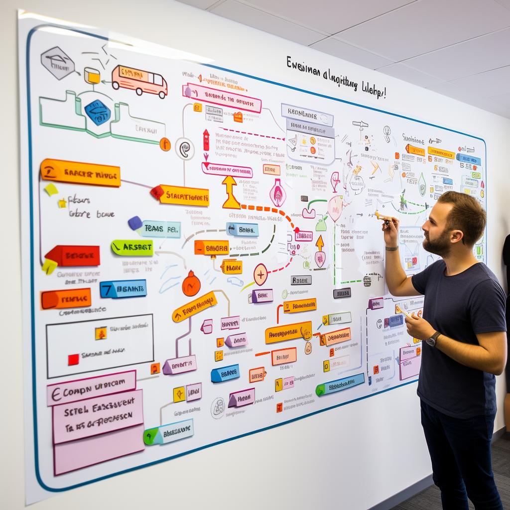 A detailed customer journey map on a whiteboard